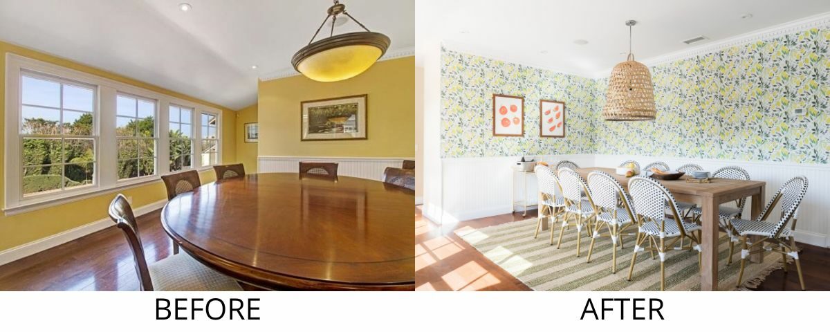 vacation rental design before and after image of dining room
