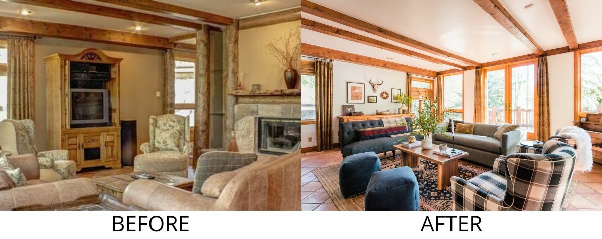 vacation rental interior design before and after image of living room