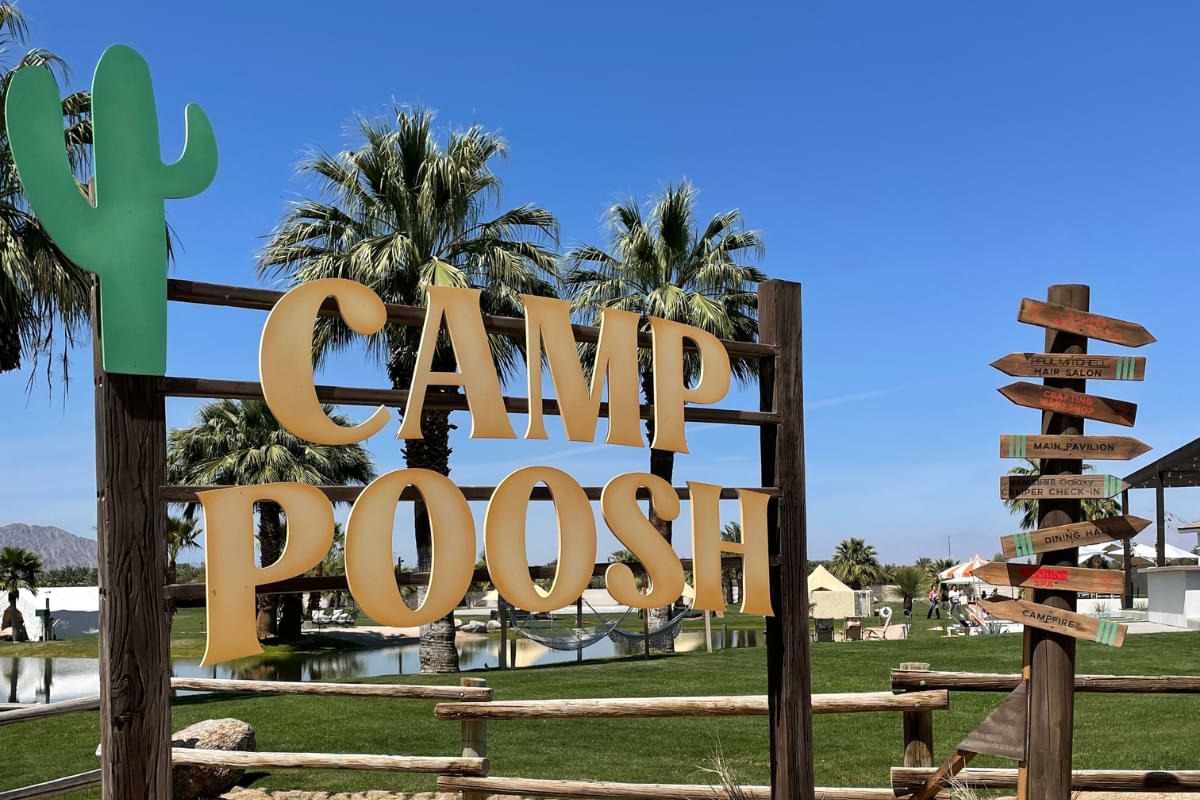 A sign displaying "Camp Poosh" is hanging on a wooden post with a painted cactus on the left. On the right, a wooden sign with arrows pointing to different activities. A pond and palm trees sit in the background.