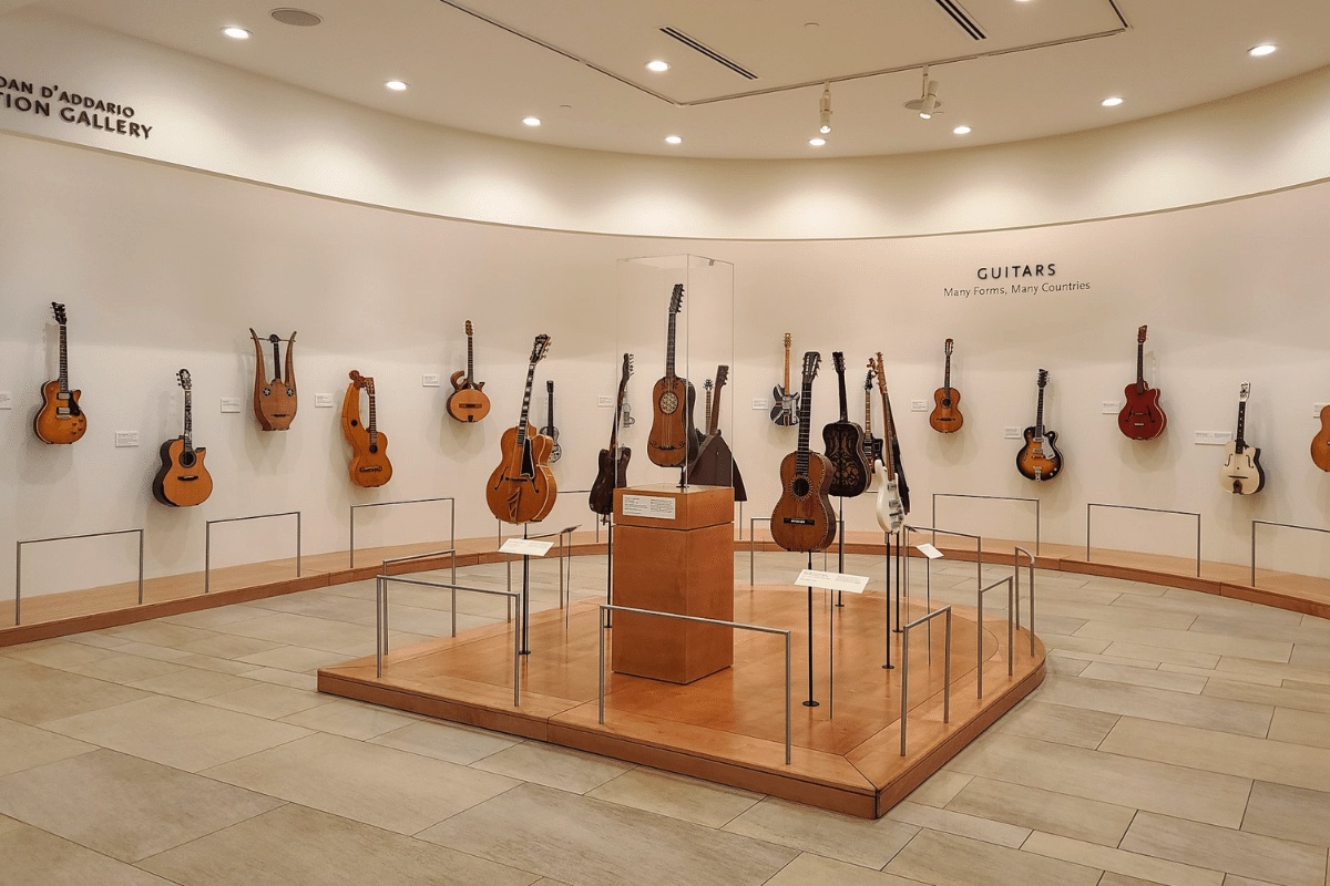 Stringed instruments hang on the walls of a display area within the Musical Instrument Museum in Scottsdale