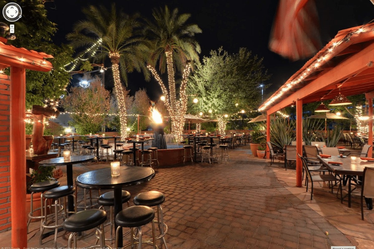 Fairy lights surround the back patio of Old Town Tortilla Factory in Scottsdale