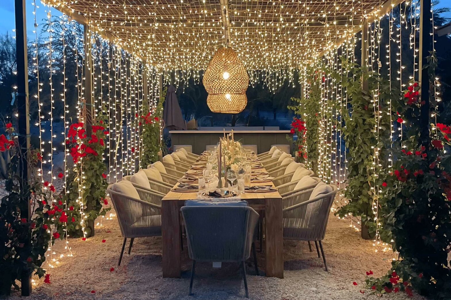 outdoor dining with holiday decorations