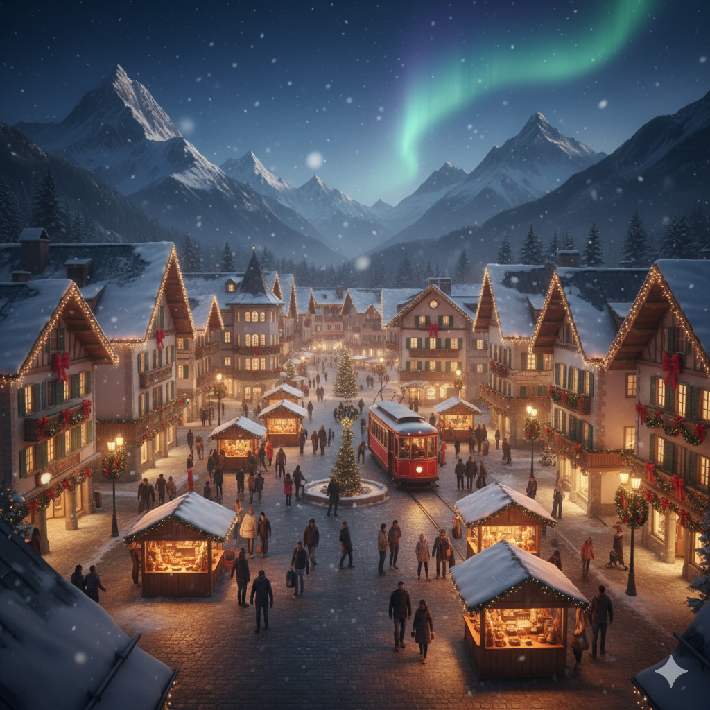 AI photo of snowy evening in a road of a Christmas town with cozy stores