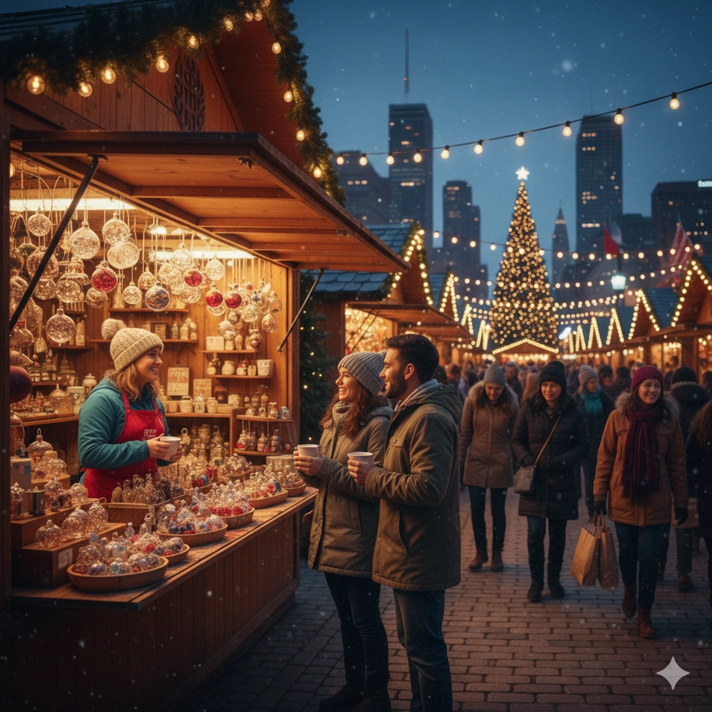 couple buying an ornament on a christmas shop by the busy street