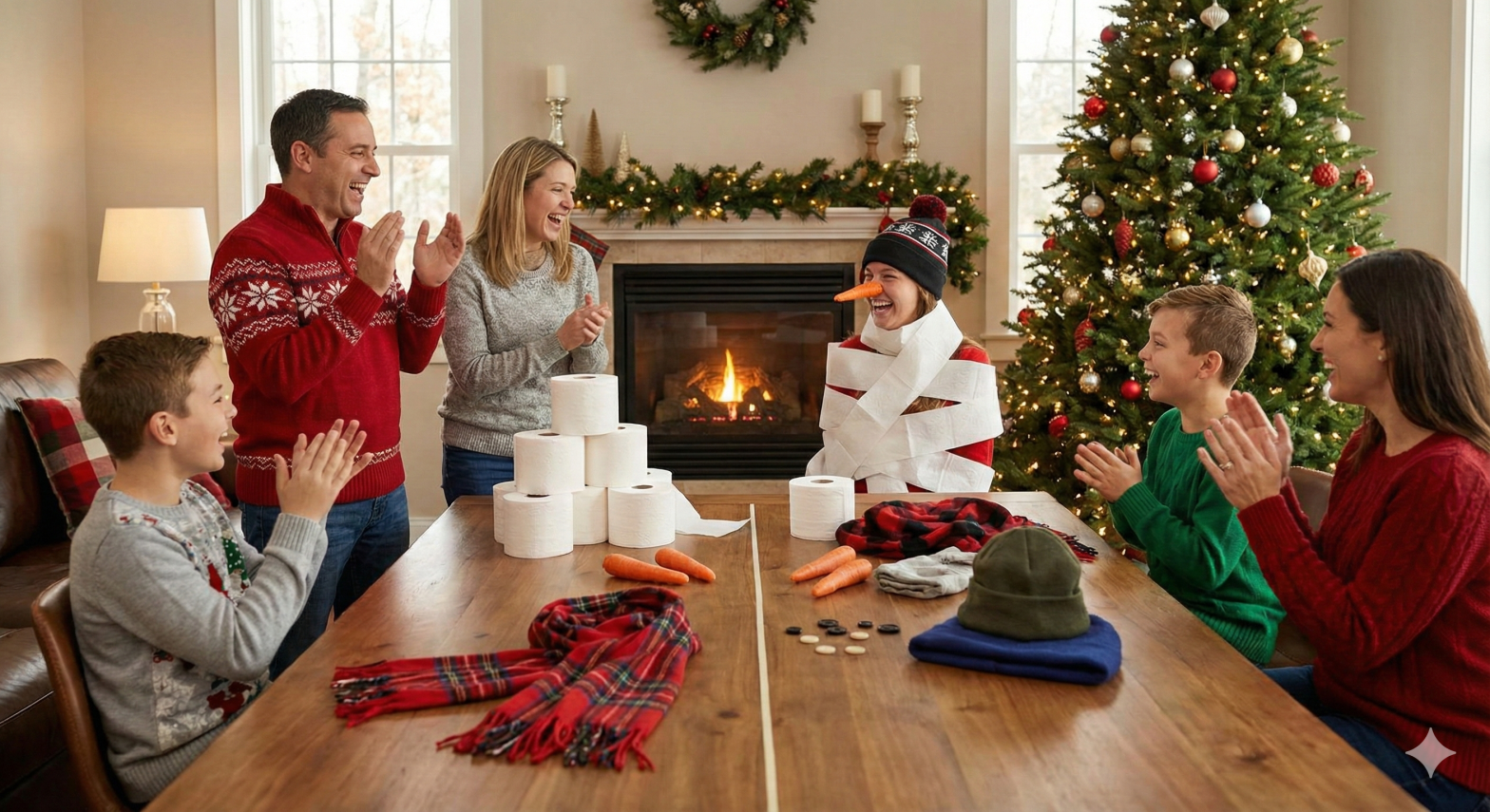 family laughing and clapping to the girl with carrot nose dressed like a snowman with tissues