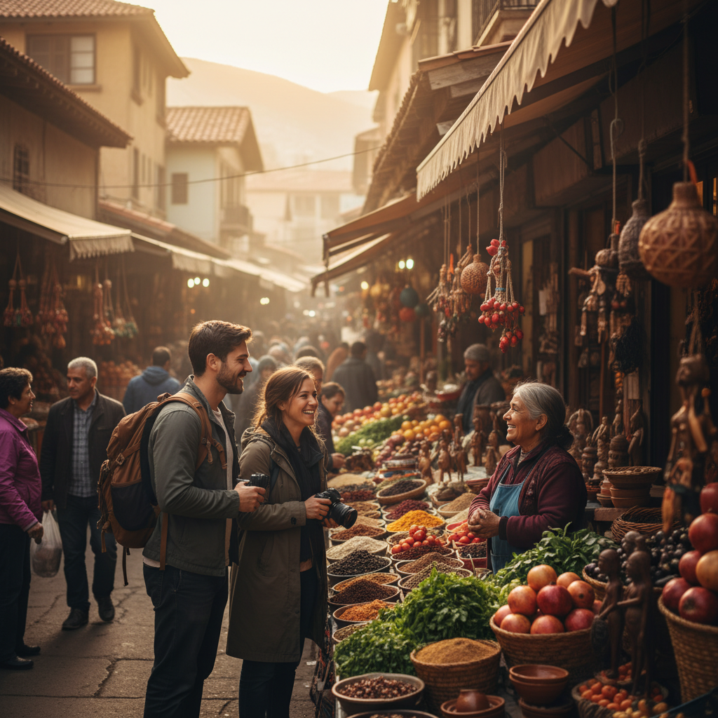 A warm, authentic scene of travelers connecting with locals: a friendly conversation at a small family-run market stall, colorful fresh produce and handmade goods displayed, genuine smiles and cultural exchange, natural candid moment, vibrant local neighborhood setting, photorealistic travel photography style, warm natural lighting, diverse people engaging in real cultural connection