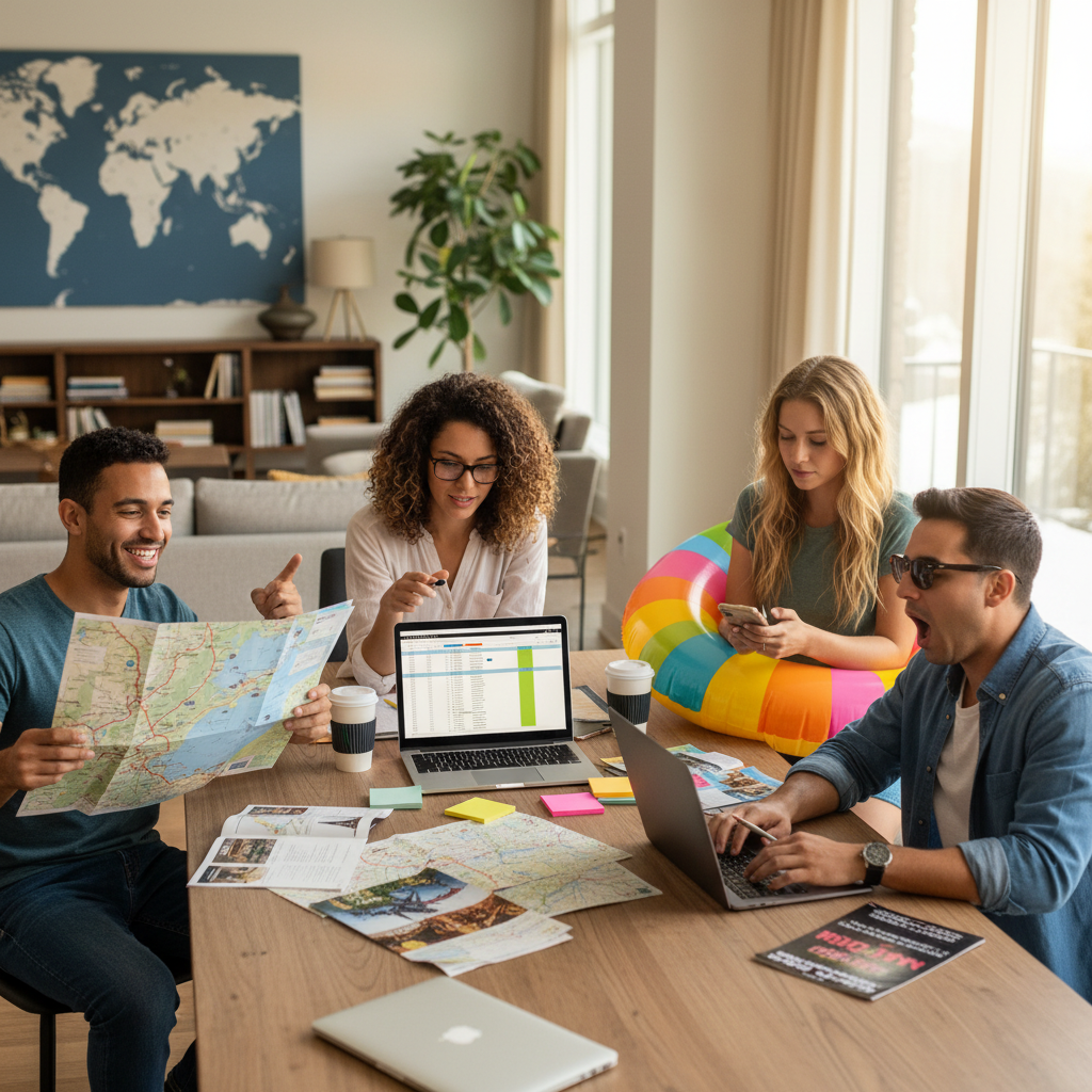A diverse group of friends planning a vacation together, showing different personality types and travel styles. Scene includes people gathered around a table with laptops and travel brochures. Visual representation of different traveler archetypes: an energetic early-riser holding a hiking map, someone relaxed by a pool float, a detail-oriented planner with a color-coded itinerary, and a night owl with sunglasses. Warm, friendly atmosphere with modern interior design. Bright, inviting colors. Photorealistic style with soft natural lighting.