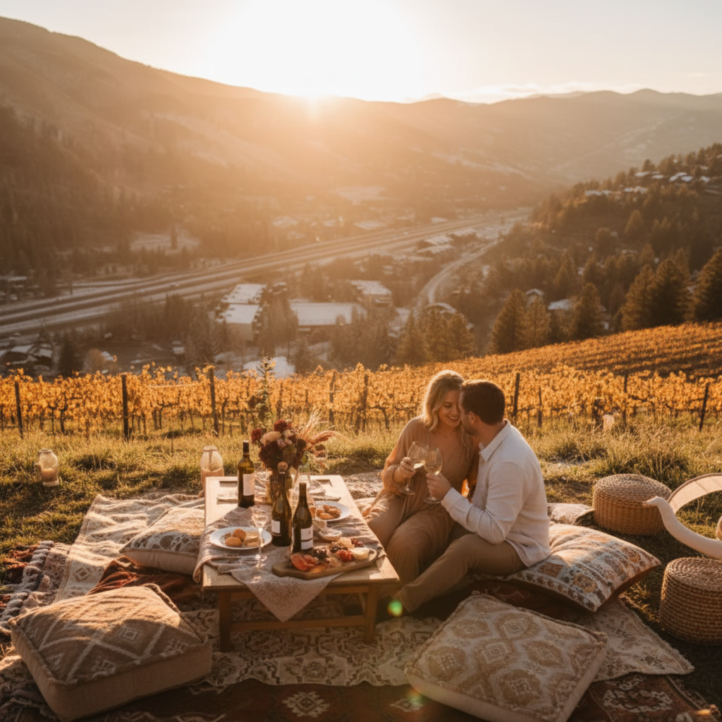 Romantic couple enjoying an intimate outdoor experience together at golden hour, private wine tasting setup with elegant glasses and vineyard backdrop, soft warm lighting, luxurious bohemian picnic setting with cushions and blankets, intimate atmosphere, premium lifestyle photography style, dreamy and aspirational mood, natural scenery, celebrating together