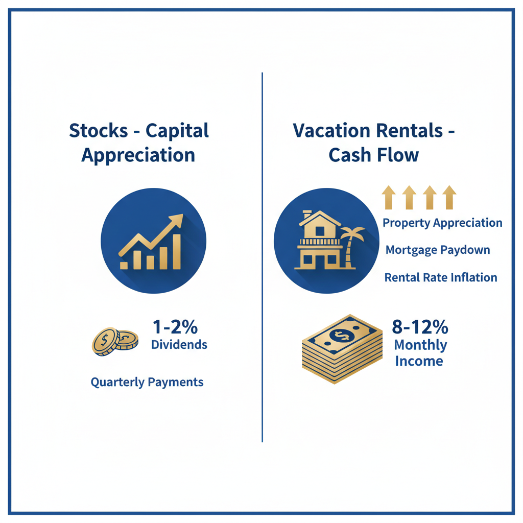 A professional financial comparison infographic showing two distinct wealth-building strategies side by side. Left side: "Stocks - Capital Appreciation" with an upward trending stock chart arrow, small dividend coins (1-2%), and "quarterly payments" label. Right side: "Vacation Rentals - Cash Flow" with monthly cash stacks, a luxury vacation home icon, and "8-12% monthly income" label plus three upward arrows labeled "property appreciation," "mortgage paydown," and "rental rate inflation." Use clean blue and gold color scheme, modern minimalist design, clear icons and percentage labels, professional business illustration style.