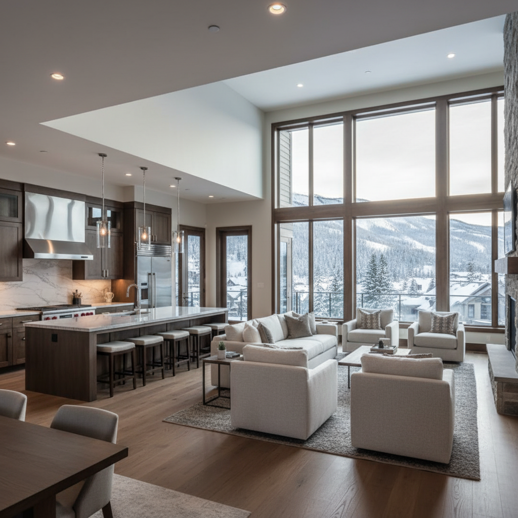 A spacious, modern vacation rental interior with an open-concept living area showing a large family gathering space. Include a gourmet kitchen with island seating, comfortable living room with plush sofas, and large windows with natural light. Show multiple seating areas that suggest space for a large group to spread out comfortably. Warm, inviting atmosphere with premium finishes, hardwood floors, and contemporary coastal or mountain lodge design aesthetic. No people, no text, no words.