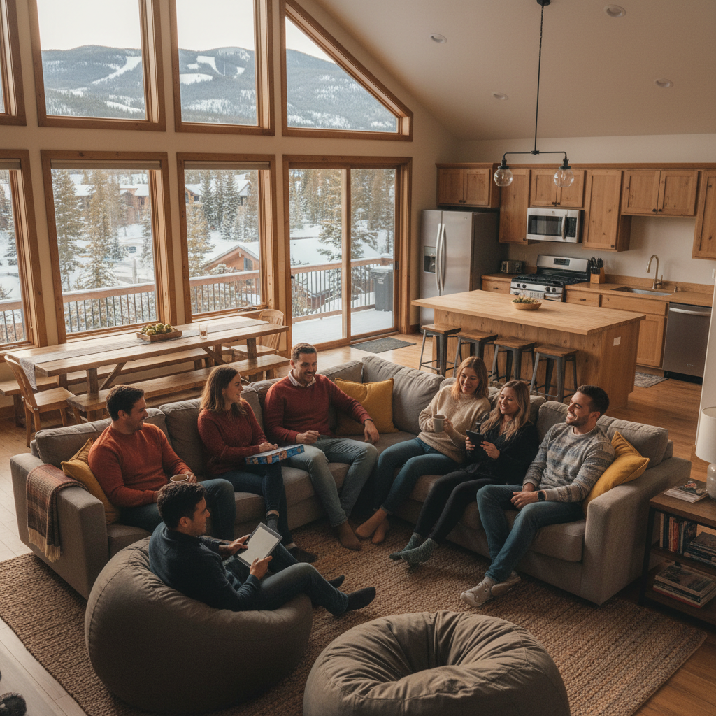 A warm, inviting vacation rental living room with diverse group of friends relaxing together, modern open-plan space with kitchen visible in background, cozy seating area, natural lighting through large windows, showing communal shared space that represents affordable group travel and cost splitting, lifestyle photography style, welcoming atmosphere