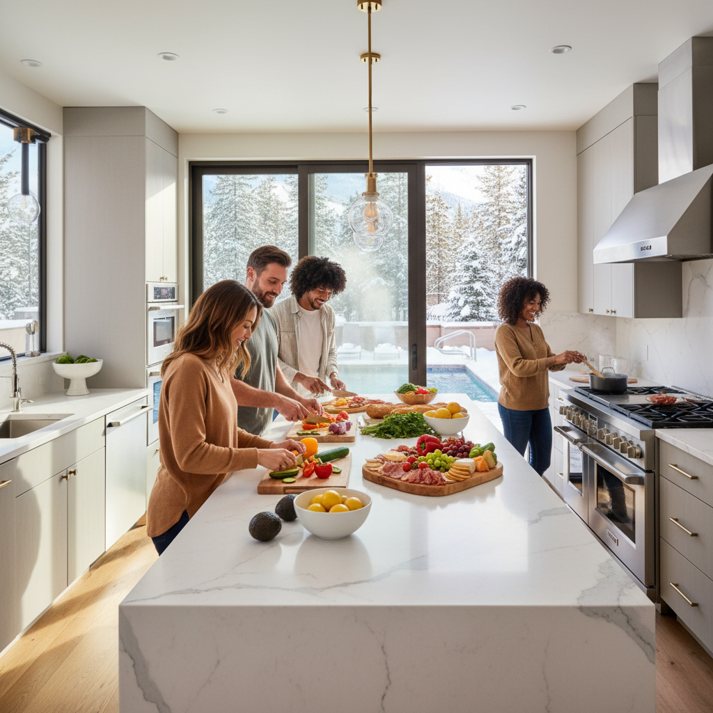 A bright, inviting luxury vacation rental kitchen with a group of friends cooking together. Modern chef-grade kitchen with a large marble island, stainless steel appliances, and friends preparing food together - one person chopping vegetables, another at the stove, someone arranging a charcuterie board. Natural light streaming through large windows, fresh groceries on the counter, warm and social atmosphere. Beyond the kitchen, visible outdoor pool area through glass doors. Photorealistic, high-end vacation rental photography style, capturing the joy and community of group cooking.