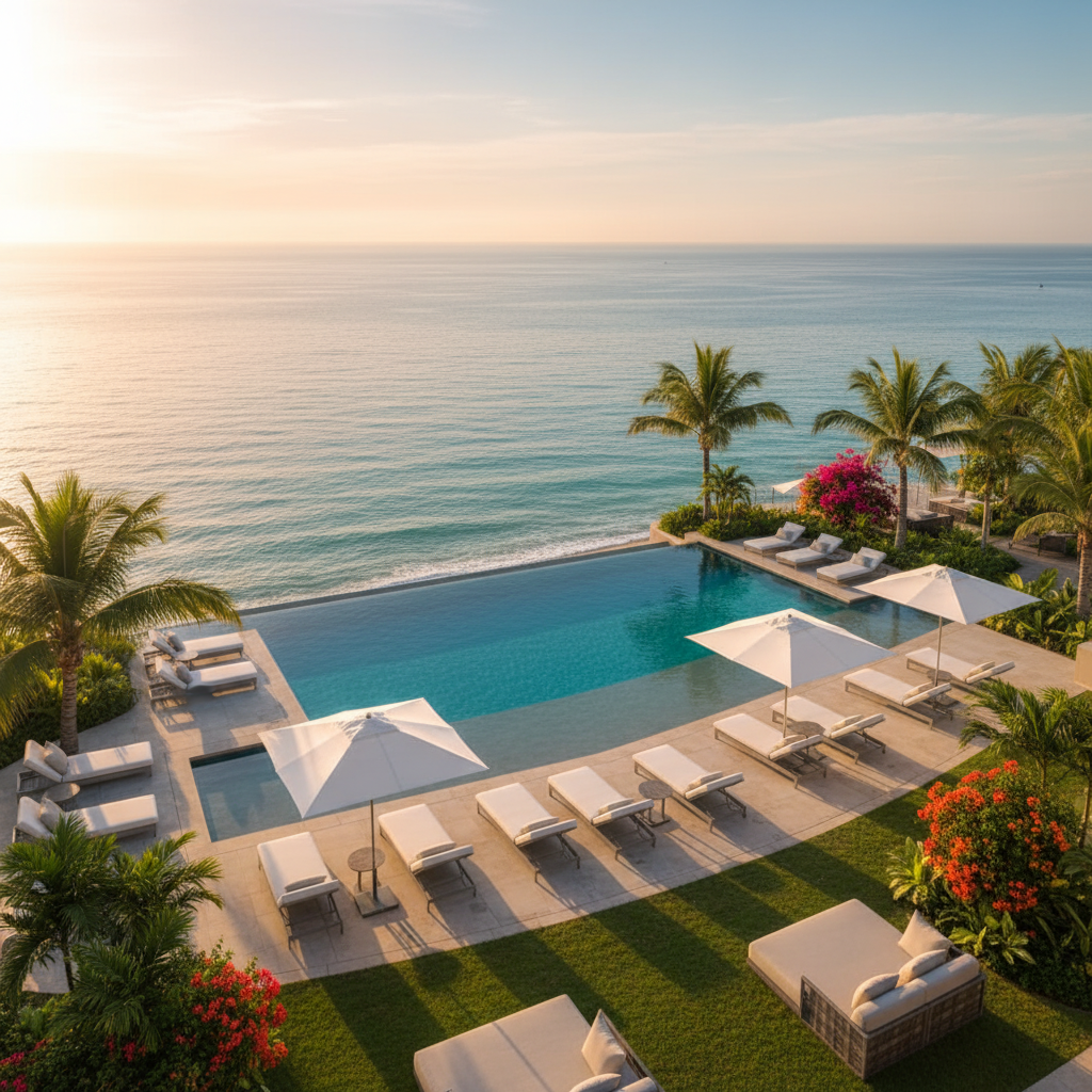A stunning summer vacation scene showing a luxurious beachfront or lakefront property during golden hour. The image should feature a beautiful outdoor pool area with lounge chairs, overlooking sparkling blue water. Include lush landscaping, modern outdoor furniture, and warm sunlight creating an inviting, aspirational atmosphere. The scene should evoke peak summer vacation vibes with clear skies, vibrant colors, and a sense of relaxation and luxury that makes viewers want to book immediately.