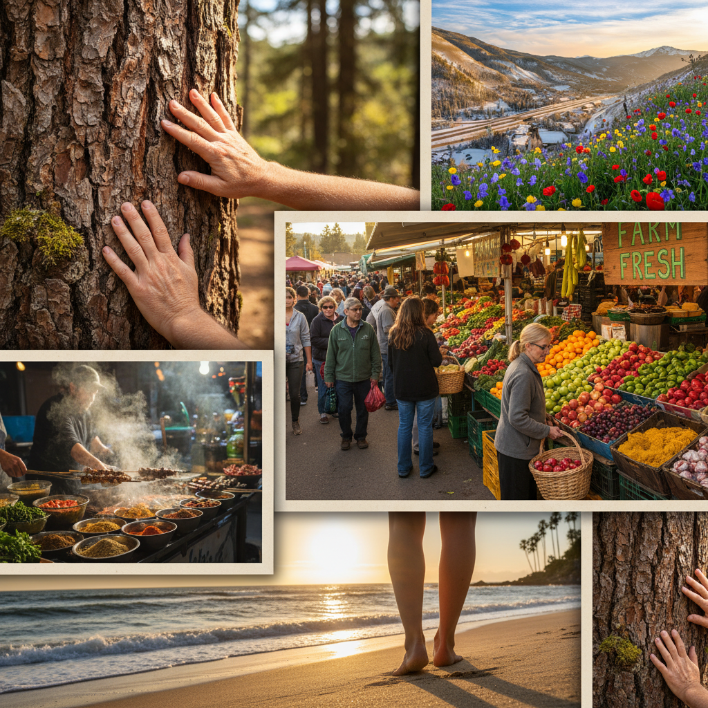 Multisensory travel experience collage showing diverse sensory moments: hands touching textured tree bark on forest trail, vibrant farmers market with colorful fresh produce and fruits, steam rising from street food, person's feet in sand at golden hour beach, wildflowers in mountain meadow, warm natural lighting, photojournalistic style, authentic travel photography aesthetic