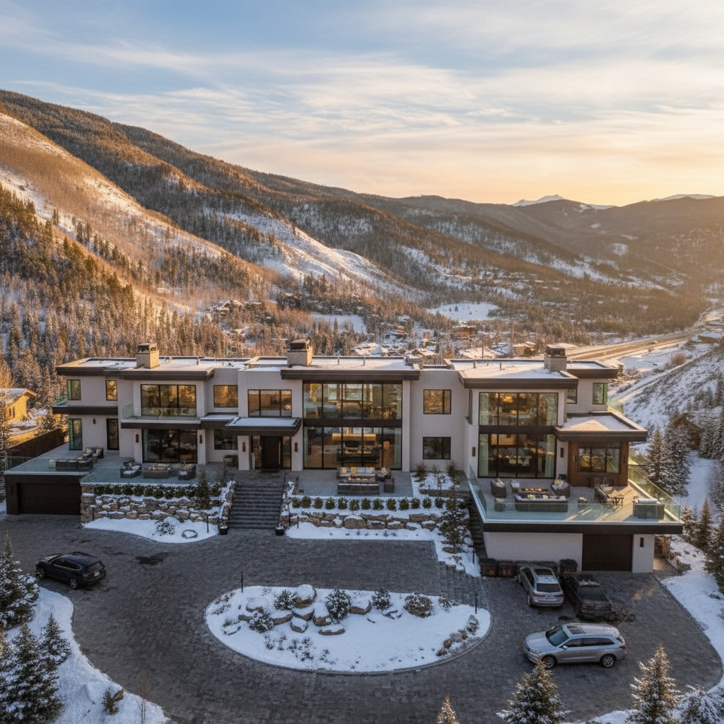 A luxurious multi-bedroom vacation rental home exterior with modern architecture, showing a large upscale property with multiple windows, a spacious driveway, and premium landscaping. The home should convey scale and capacity for group travel, featuring contemporary design elements like clean lines, large glass windows, and inviting outdoor spaces. Warm, natural lighting with a welcoming atmosphere that suggests family gatherings and group vacations.