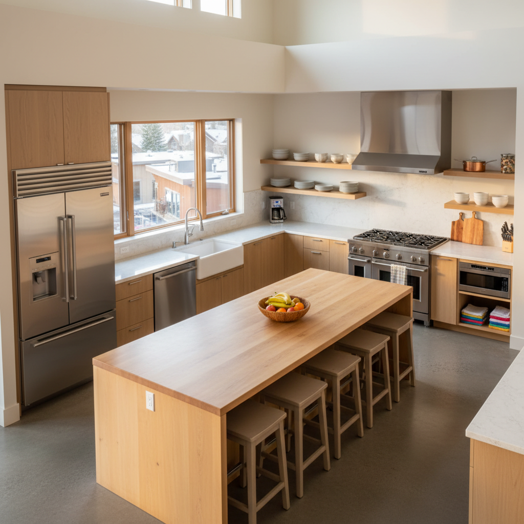 A modern, spacious vacation rental kitchen designed for family cooking, featuring a large island with seating, full-size stainless steel appliances (refrigerator, stove, dishwasher), ample counter space for meal prep, and a well-stocked pantry area. The kitchen should look warm and inviting with natural light streaming through windows. Show elements that suggest family use: a fruit bowl, coffee maker, cutting boards, and open shelving with dishes and cookware. Professional, clean photography style with warm, natural lighting. The space should feel both luxurious and functional, emphasizing how families can comfortably prepare meals together.