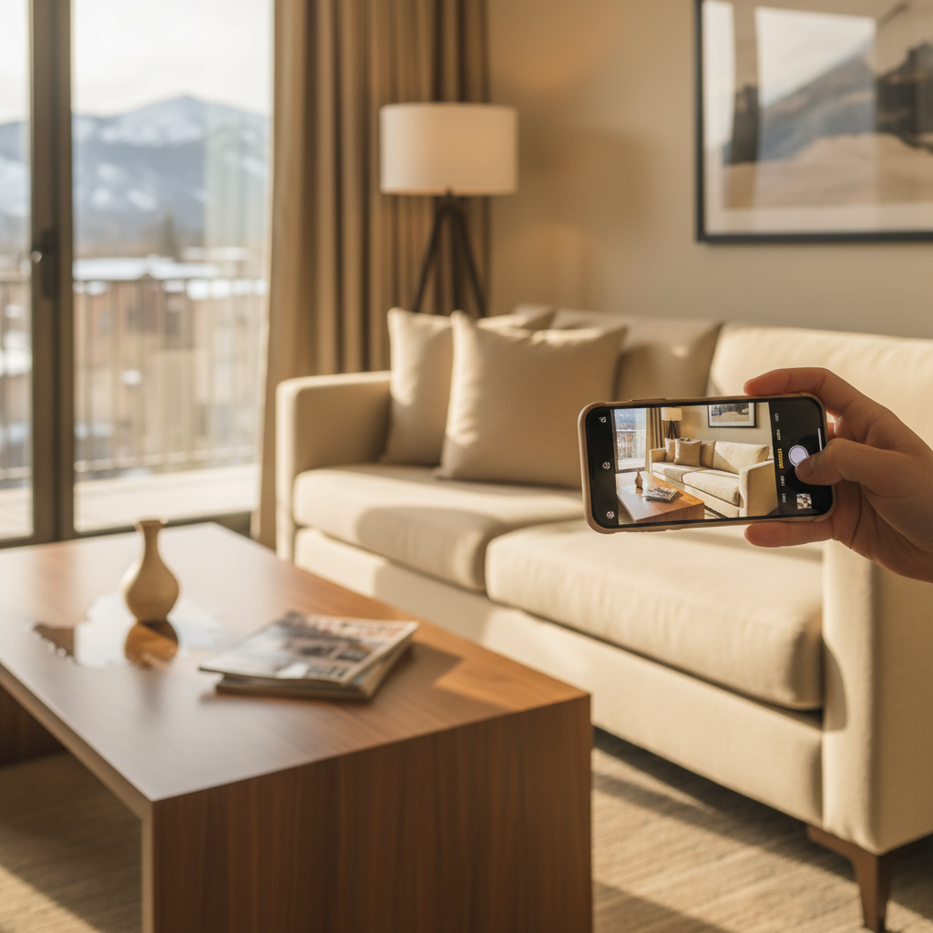 A person holding a smartphone taking photos of a vacation rental room to document issues, showing the act of gathering evidence with photography. Modern interior setting with natural lighting, photorealistic style, professional composition showing documentation process.
