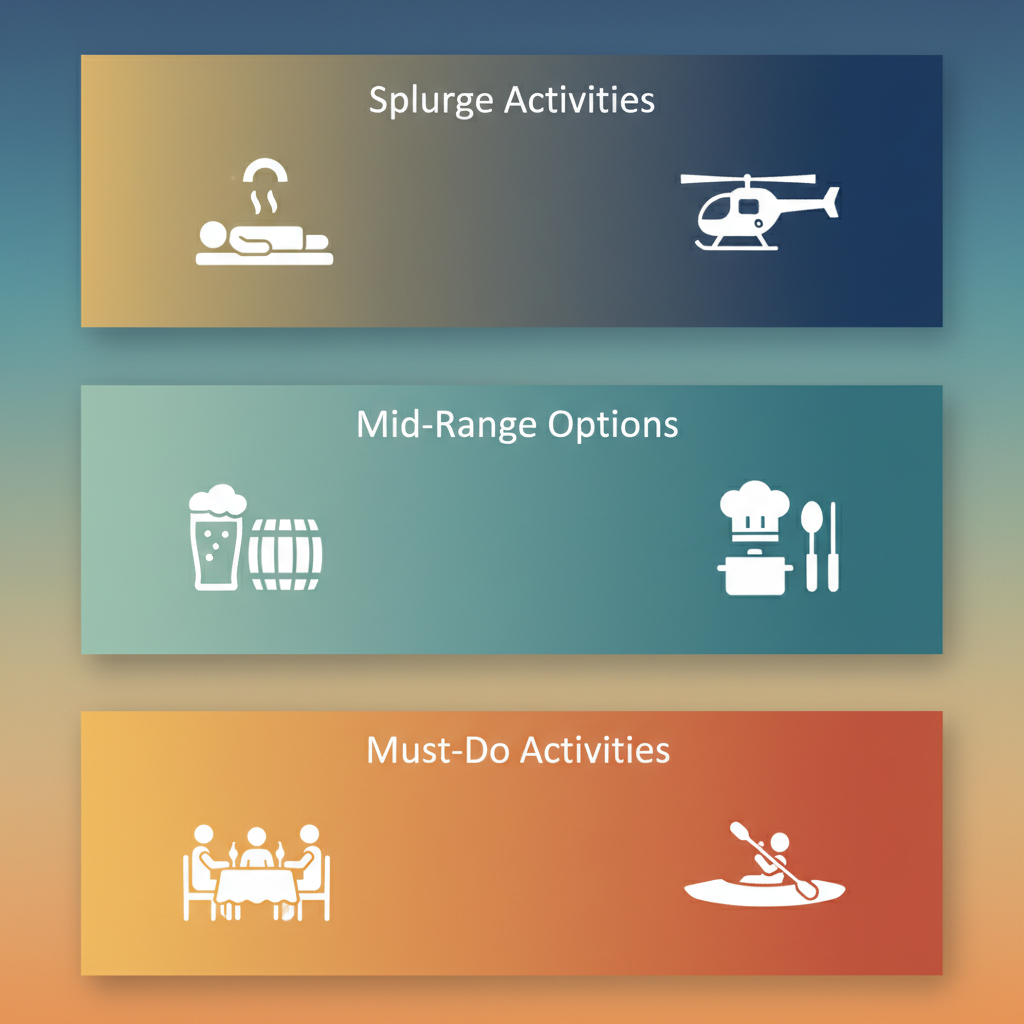 A clean, modern infographic-style illustration showing three distinct tiers of vacation activities stacked vertically, labeled "Must-Do Activities" (bottom tier in warm inviting colors), "Mid-Range Options" (middle tier in moderate tones), and "Splurge Activities" (top tier in luxurious gold/premium colors). Each tier shows simple icons representing activities: bottom tier with group dinner and kayaking icons, middle tier with brewery tour and cooking icons, top tier with spa and helicopter icons. Flat design style, organized and easy to read, travel and vacation theme, no text except tier labels, horizontal layout suitable for blog content