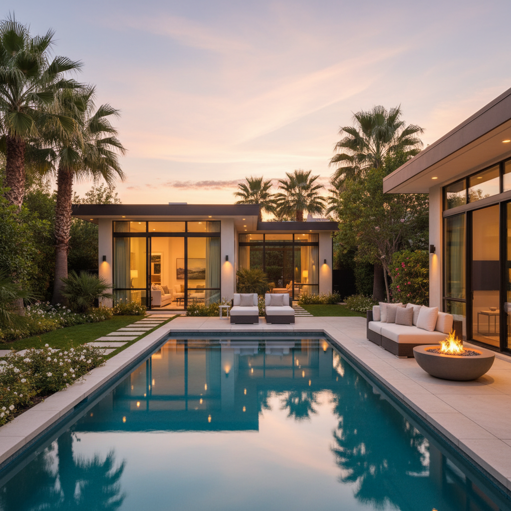 Luxurious vacation rental exterior at golden hour, featuring a private heated pool with crystal clear water, elegant patio furniture, outdoor lounge area with comfortable cushions, and a modern fire pit. Warm ambient lighting from the house windows, surrounded by lush landscaping and privacy hedges. Premium contemporary architecture with clean lines, large windows, and inviting outdoor living spaces perfect for a romantic couples getaway. Sunset sky with soft pink and orange hues reflecting on the pool water.