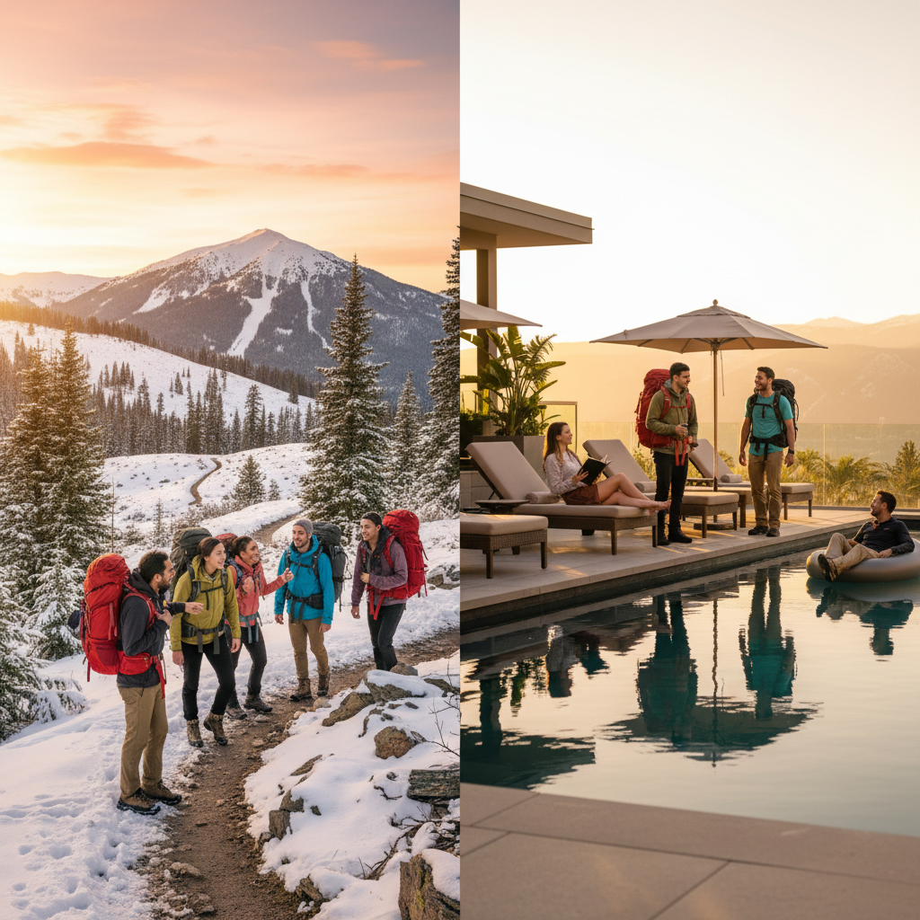 A scenic split composition showing group travel activities: on one side, a diverse group of friends hiking together on a mountain trail with backpacks, laughing and exploring; on the other side, the same group relaxing by a luxury pool, some reading books, others lounging on comfortable chairs, peaceful and recharged. Warm natural lighting, aspirational vacation atmosphere, premium lifestyle photography style, showing the perfect balance between adventure and relaxation.