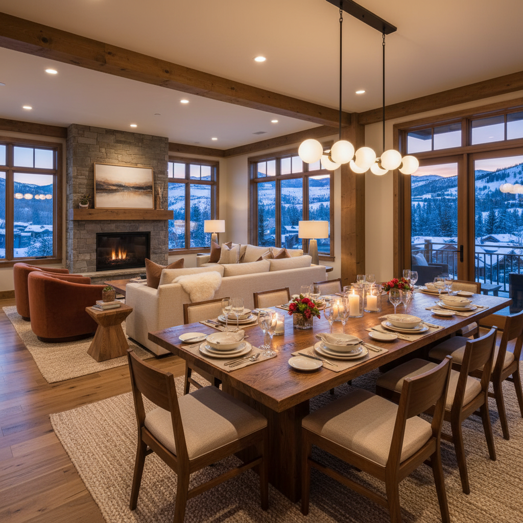 Luxurious vacation rental interior with an oversized wooden dining table set for a group gathering, modern comfortable furniture arranged around a cozy fireplace, warm ambient lighting from designer fixtures, large windows showing evening sky, elegant contemporary decor with natural textures, inviting atmosphere perfect for creating memories, premium home aesthetic, warm color palette