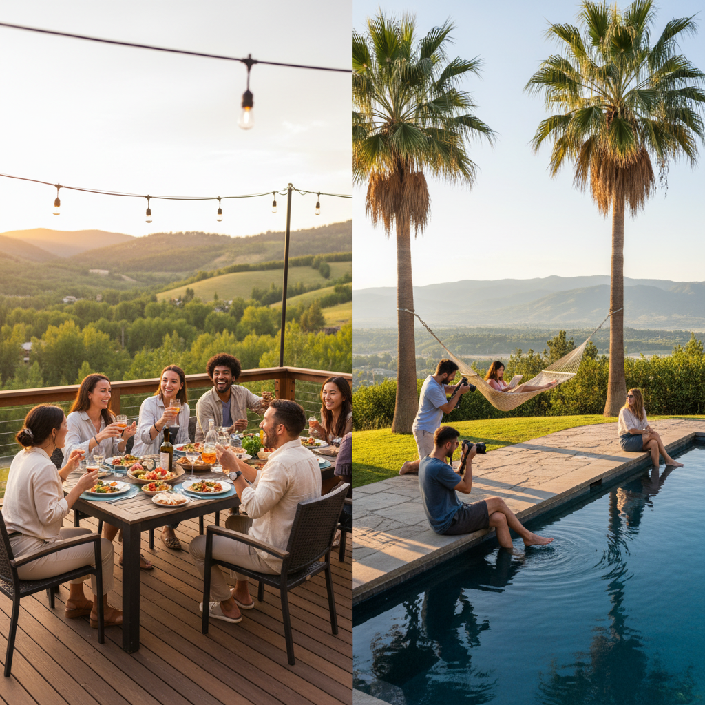 A split scene showing the perfect balance of group vacation activities: on one side, a diverse group of friends enjoying a sunset dinner together on a vacation rental deck with string lights and laughter, sharing food and conversation; on the other side, the same vacation setting during daytime with individuals doing their own activities - one person reading in a hammock, another taking photos of the landscape, someone relaxing by a pool. Bright, aspirational photography style with warm natural lighting that conveys both togetherness and peaceful independence. Premium vacation rental setting with beautiful outdoor spaces.