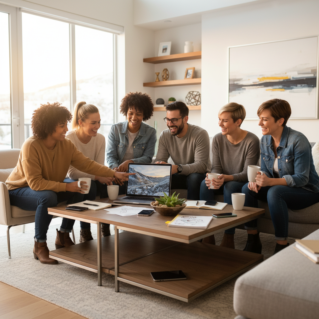 A diverse group of friends sitting around a modern coffee table in a bright, contemporary living room, looking at a laptop together and discussing vacation plans, casual and relaxed atmosphere, notebooks and smartphones on the table, warm natural lighting, aspirational lifestyle photography, premium vacation planning scene, collaborative and friendly energy