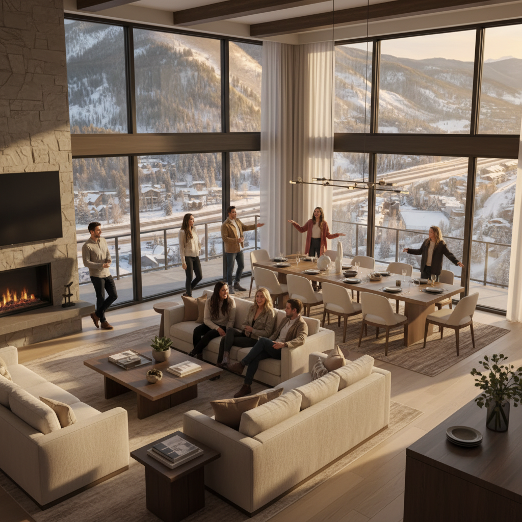 A luxurious modern vacation rental interior with an open-concept living space, showing a spacious living room flowing into a dining area with a large table that seats 10-12 people, floor-to-ceiling windows with natural light, comfortable designer furniture, a group of diverse friends laughing and gathering together in the communal space, warm and inviting atmosphere, premium finishes, contemporary decor