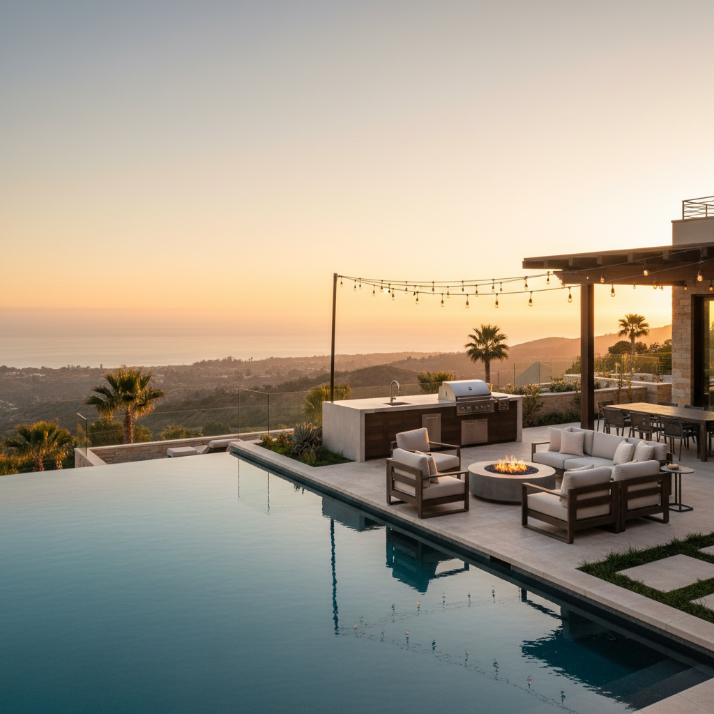 Luxurious vacation rental outdoor living space at sunset, featuring a sparkling infinity pool, modern outdoor kitchen with sleek countertops, comfortable lounge furniture arranged around a contemporary fire pit, string lights creating warm ambiance, mountain or ocean views in the background, palm trees, designer landscaping, premium materials, aspirational group gathering space, warm golden hour lighting, professional architectural photography style