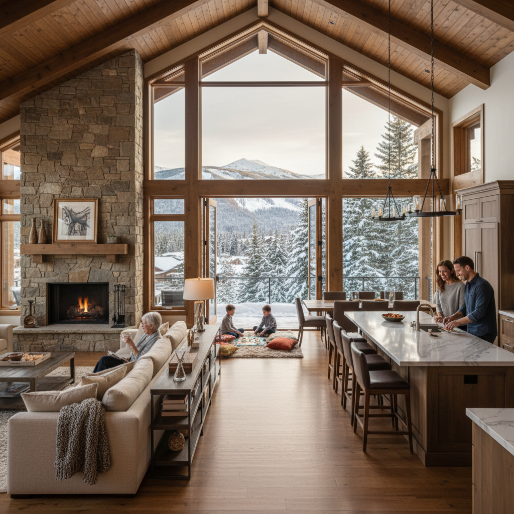 A spacious, modern vacation rental home interior showing multiple generations of a family in different areas - grandparents relaxing in a cozy living room with large windows, parents cooking together in an open kitchen, and kids playing in a separate area, demonstrating privacy and communal space. Warm, inviting atmosphere with natural lighting, comfortable furniture, large dining table visible, showing the perfect layout for multigenerational travel. Architectural photography style, bright and welcoming.