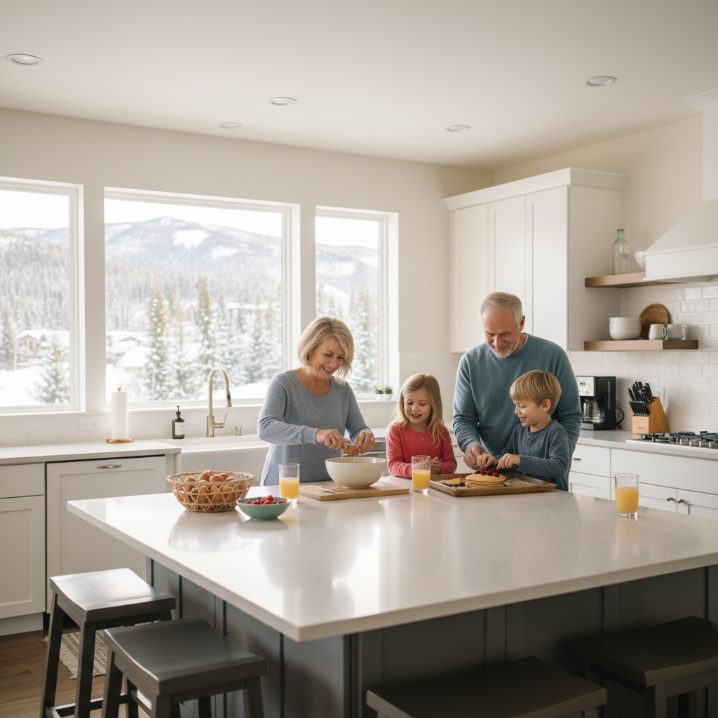 Modern vacation rental kitchen with family cooking together, grandparents and children preparing breakfast, spacious open kitchen with island, fresh groceries on counter, natural lighting, warm and inviting atmosphere, lifestyle photography style