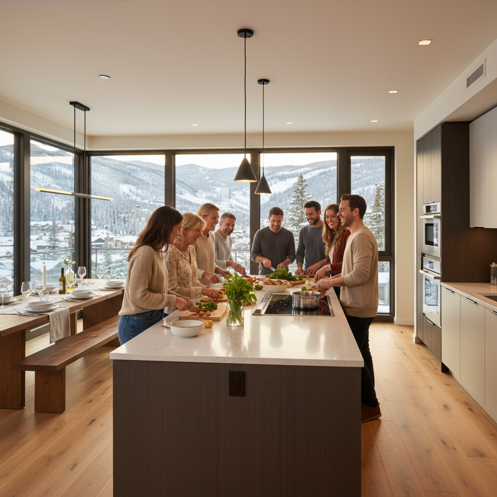 Modern luxury vacation rental kitchen with large island, multiple friends and family members gathered around cooking together, laughing and preparing food, warm natural lighting, spacious open layout with high-end appliances, people of diverse ages enjoying meal preparation as a social activity, inviting atmosphere, photorealistic style