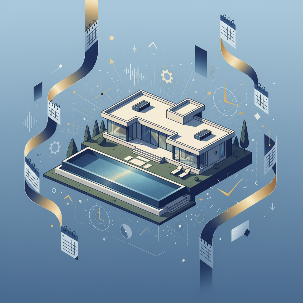 A clean, modern illustration of a luxury vacation rental home with a calendar and clock elements surrounding it, representing timing and booking strategy. Show abstract visual elements suggesting optimal booking windows and price opportunities. Use a sophisticated color palette of blues, golds, and whites. Aerial perspective of a contemporary vacation home with pool, with flowing calendar pages and time-related visual metaphors in an elegant, minimalist style.