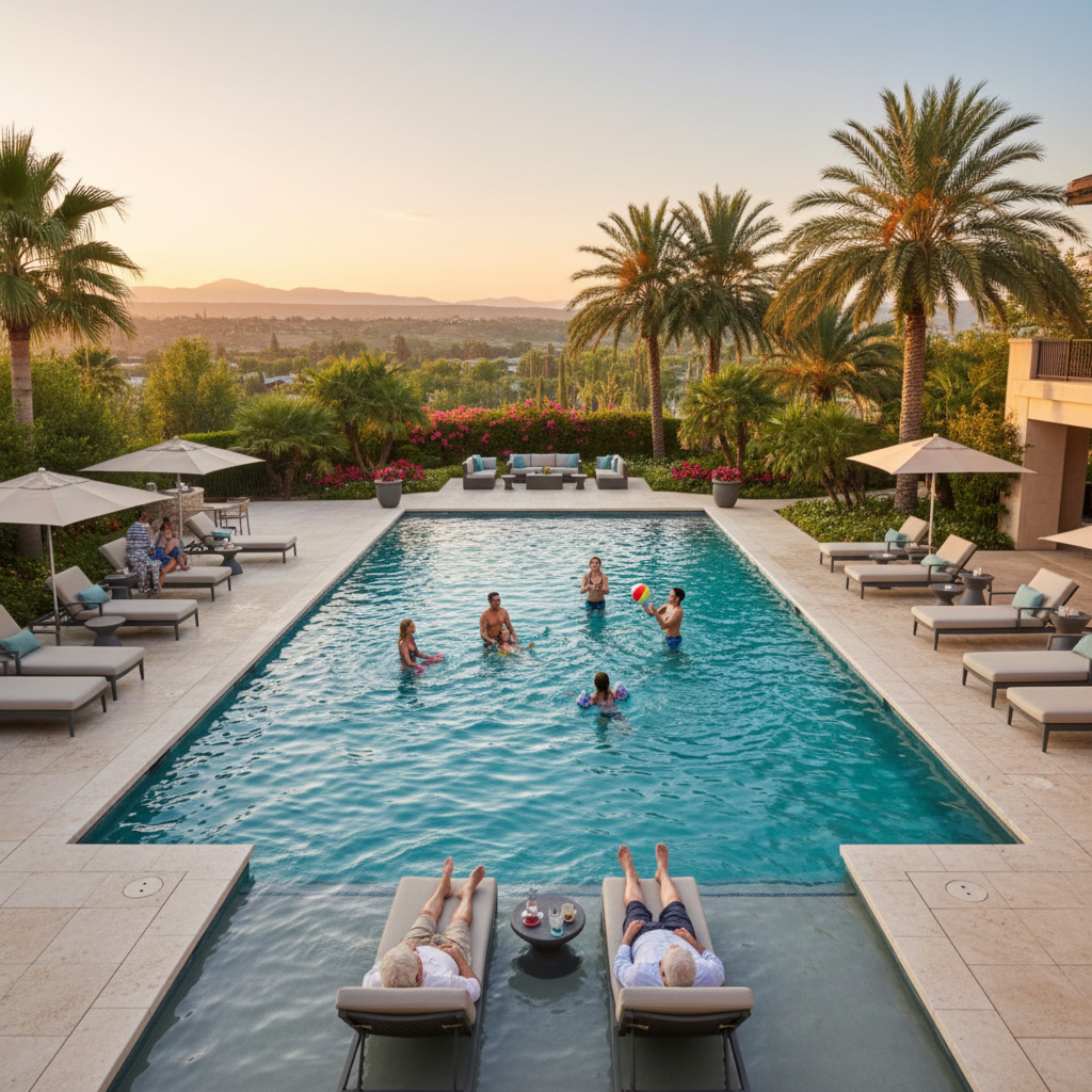 A beautiful private pool at a luxury vacation rental with multiple generations of a family enjoying the space together, grandparents relaxing on lounge chairs by the pool edge with feet in water, parents swimming with young children in the shallow end, teenagers playing pool volleyball in the deeper section, warm sunny day, modern outdoor furniture, palm trees and landscaping in background, spacious deck area, inviting turquoise water, natural lighting, premium resort-style atmosphere