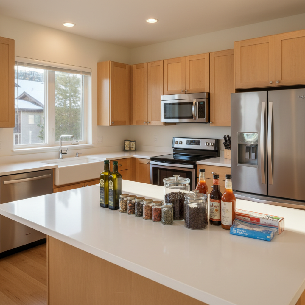 A bright, modern vacation rental kitchen with white countertops and stainless steel appliances, featuring a collection of essential cooking items arranged on the counter including olive oil bottles, spice jars, coffee beans in a glass container, condiment bottles, aluminum foil, and storage bags. The kitchen has natural lighting from a window, wooden cabinets, and a clean, inviting aesthetic that conveys premium vacation home living.
