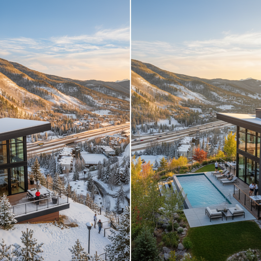 Luxurious vacation rental home at different times showing seasonal demand concept, split scene showing same property in peak season with vibrant energy and off-season with calm atmosphere, modern architecture, beachfront or mountain setting, professional photography style, warm natural lighting