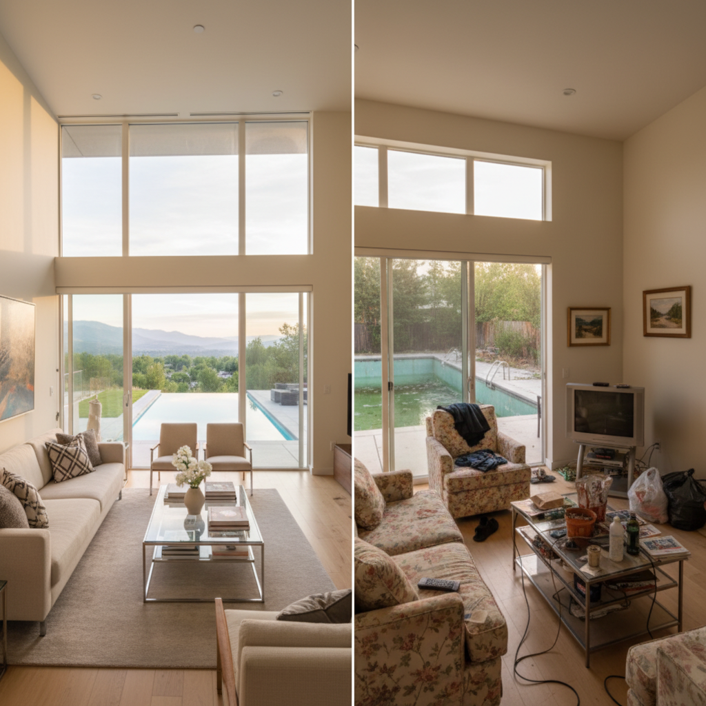 Split comparison showing vacation rental expectations versus reality: left side shows a pristine, spacious modern living room with large windows, clean pool visible outside, and luxury furnishings; right side shows the same room but smaller, with dated furniture, cluttered space, and disappointing conditions. Photorealistic style, bright natural lighting, professional real estate photography aesthetic, emphasizing the contrast between listing photos and actual property conditions.