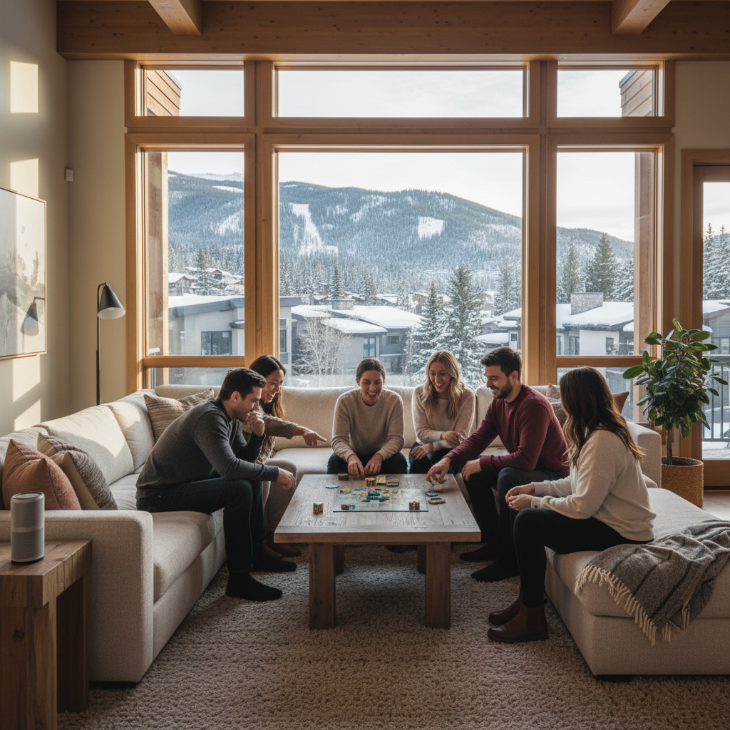 A cozy vacation rental living room with a group of friends gathered around a coffee table playing board games, with a bright, airy space featuring comfortable sectional couch, natural lighting from large windows, modern decor, and a welcoming atmosphere. Some people are laughing and engaged in the game, with a Bluetooth speaker visible on a side table. The scene conveys warmth, connection, and the spacious comfort of a premium vacation home where groups can relax together.