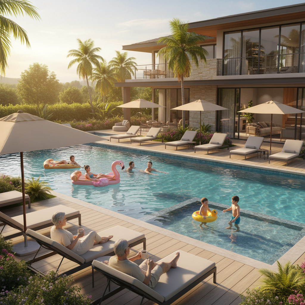 A beautiful private pool at a luxury vacation rental showing different family activities happening simultaneously, early morning scene with golden sunlight, grandparents relaxing on lounge chairs with coffee by the pool edge, parents doing laps in the pool, young children playing with floaties in the shallow end, teenagers lounging on inflatable rafts, modern outdoor furniture, lush landscaping with palm trees, spacious deck area with umbrellas, crystal clear turquoise water, peaceful and serene atmosphere, premium resort-style setting, warm inviting lighting