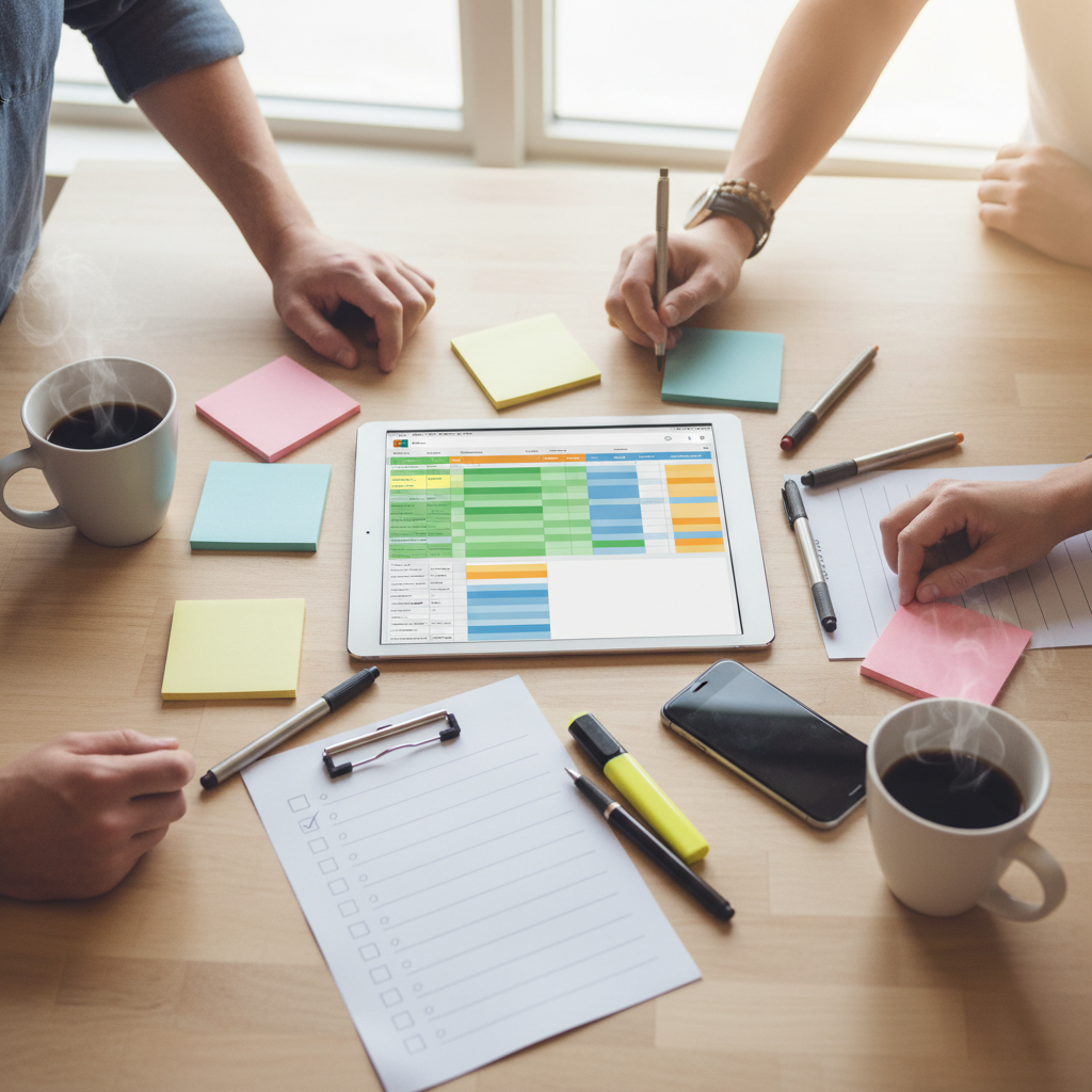 A top-down view of hands collaborating around a shared packing coordination setup, featuring a tablet showing a colorful spreadsheet, sticky notes in different colors, a smartphone, checklist on paper, pens and highlighters, coffee cups, all arranged on a light wood table surface, bright natural window lighting, organized planning aesthetic, premium lifestyle photography, collaborative planning atmosphere