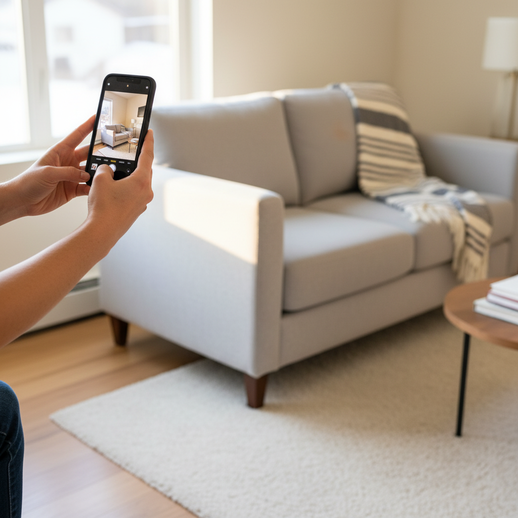 A vacation rental guest taking smartphone photos of a living room to document property condition, person holding phone at arm's length photographing a sofa corner with minor wear, bright natural lighting, modern furnished rental interior with neutral colors, professional photography style, clean and organized space, focus on the documentation process, welcoming atmosphere