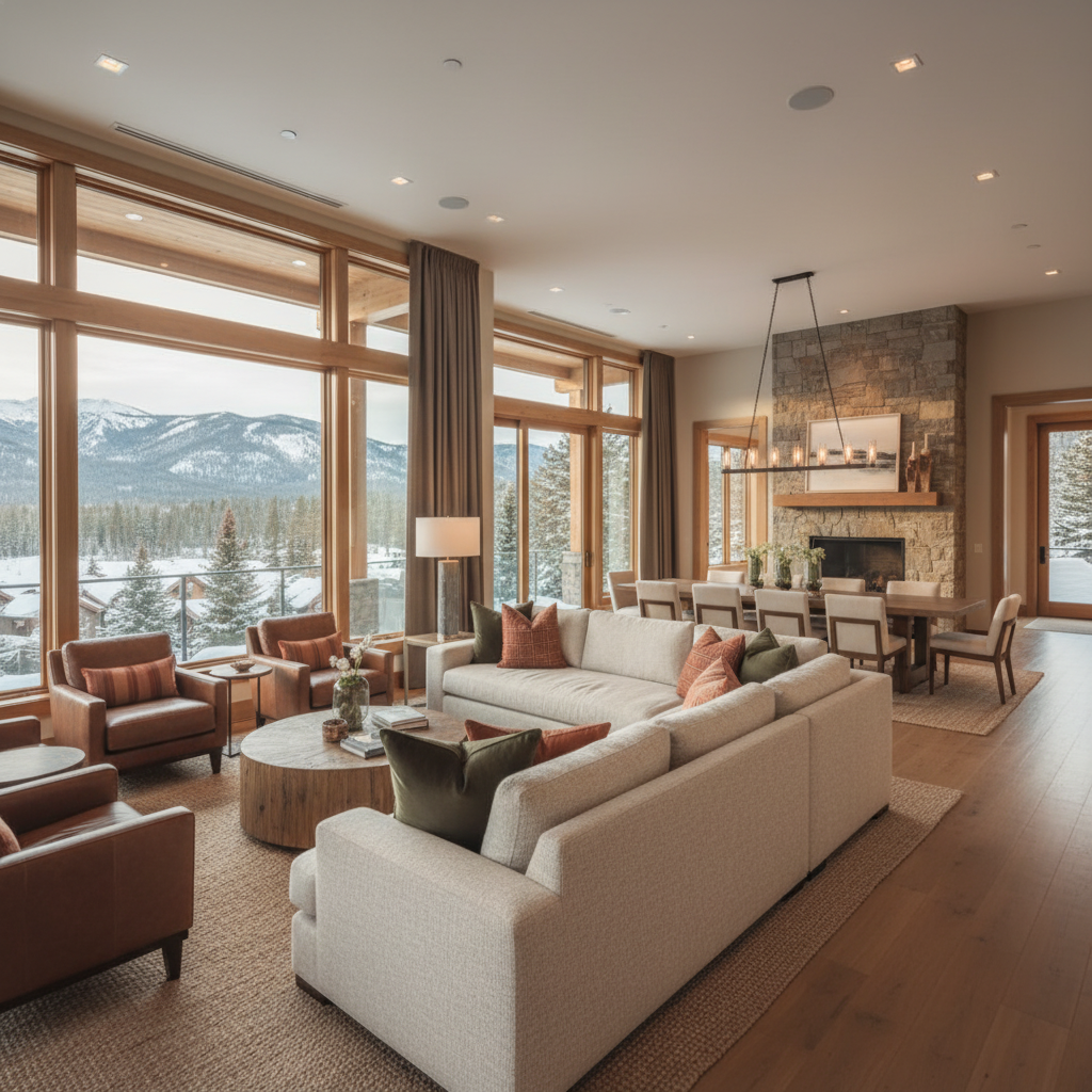 A beautiful, spacious vacation rental living room designed for groups, featuring a large comfortable sectional sofa, big dining table in the background that seats 10-12 people, modern open-concept layout with high ceilings, natural light streaming through large windows, premium contemporary interior design with warm welcoming colors, multiple seating areas for socializing, professional photography style, aspirational luxury vacation home aesthetic