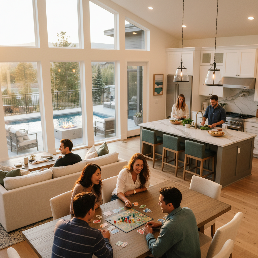 A warm and inviting vacation rental interior with a group of 8 diverse friends gathered together in a spacious open-concept living area. Some people are cooking together in a modern full kitchen with a large island, others are lounging on comfortable sofas, and a few are sitting around a big dining table playing board games. Large windows show a pool and outdoor fire pit area in the background. The scene feels relaxed, social, and authentic - capturing the value of shared spaces in group travel. Natural lighting, modern coastal design aesthetic, lifestyle photography style.
