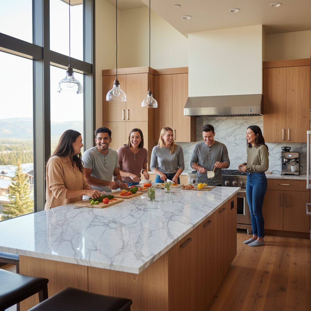 A warm, inviting scene of a diverse group of friends cooking together in a modern, spacious vacation rental kitchen. Natural morning light streams through large windows. Some people are preparing pancakes at the stove, others are chopping vegetables at a large kitchen island, one person is making coffee, and everyone is laughing and engaged in conversation. The kitchen features high-end appliances, marble countertops, and a casual, joyful atmosphere. Photorealistic style with warm, natural tones that convey connection and togetherness.