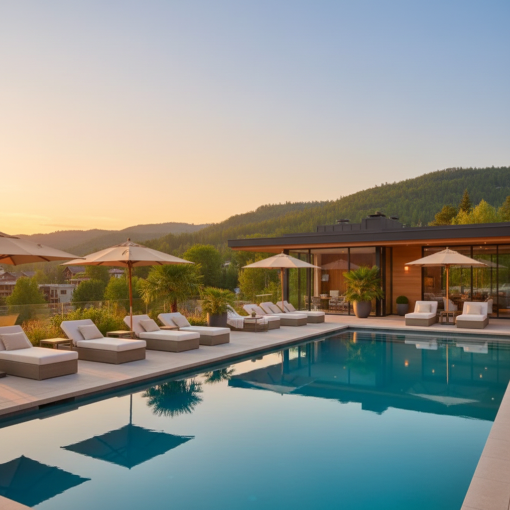 A serene vacation scene showing a luxurious outdoor pool area with comfortable lounge chairs and umbrellas. The setting is peaceful and inviting, with calm blue water, plush poolside seating, and natural elements like plants or trees in the background. Warm sunlight creating a relaxing atmosphere. The scene should evoke rest, downtime, and stress-free relaxation. Premium vacation rental aesthetic with modern amenities. No people, no text, no words, no letters.