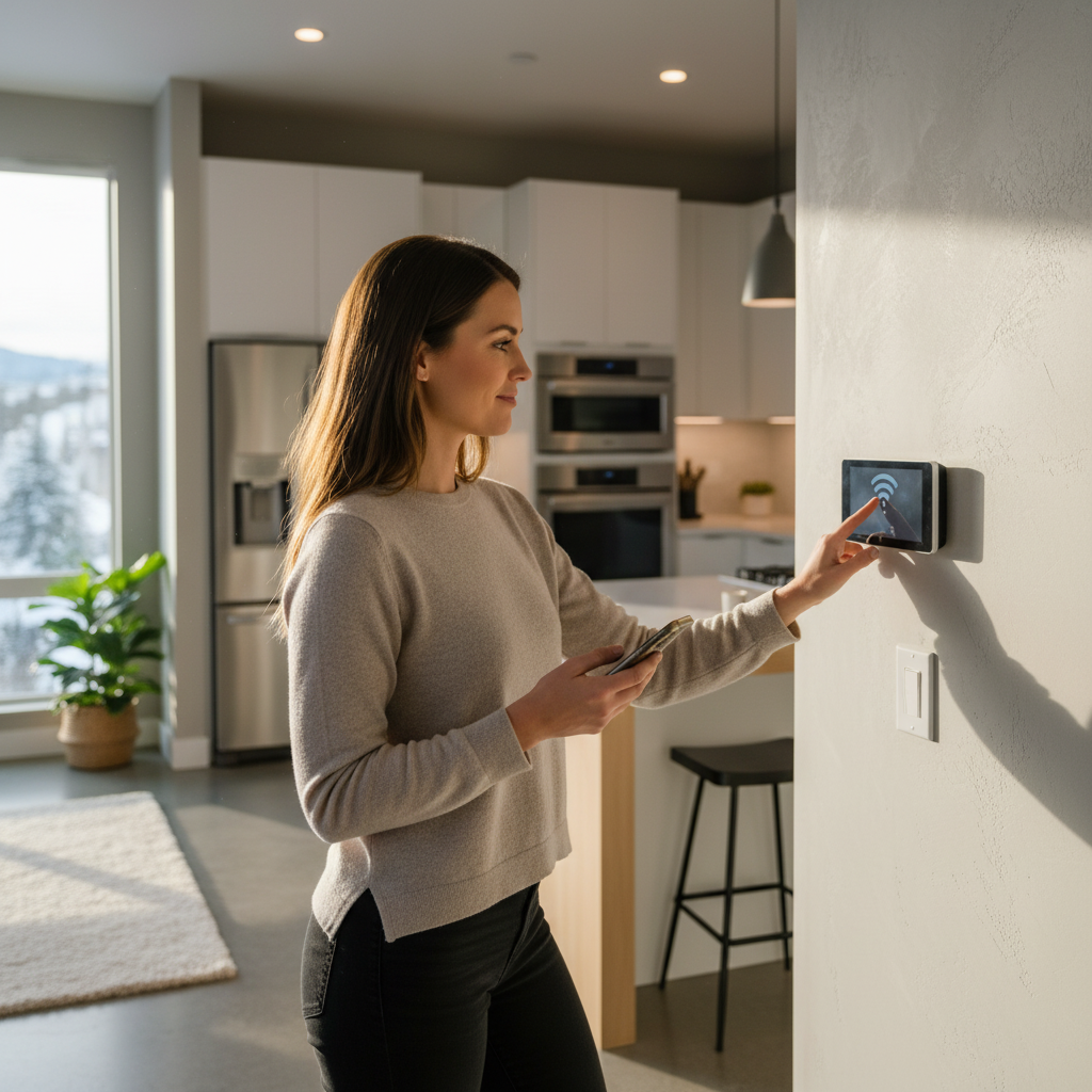 Modern vacation rental interior with a guest testing smart home features, adjusting a sleek digital thermostat on the wall, warm natural lighting, contemporary kitchen visible in background with stainless steel appliances, phone in hand checking wifi connection, clean and luxurious aesthetic, professional photography style, bright and welcoming atmosphere