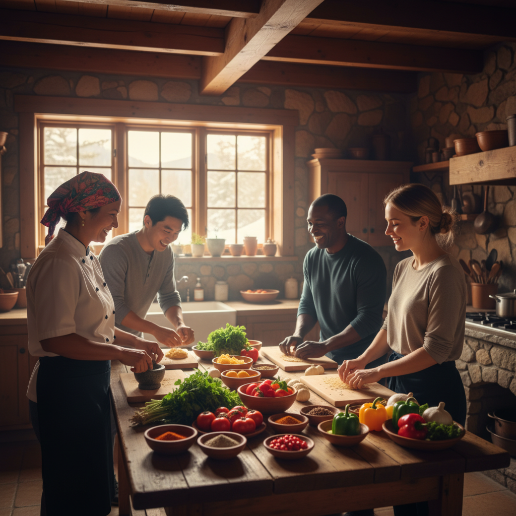 A warm, inviting scene showing diverse experiential travel activities: a group of travelers learning to cook traditional cuisine with a local chef in a rustic kitchen, fresh ingredients and spices on a wooden table, natural lighting, authentic cultural immersion, people laughing and engaged in hands-on learning, vibrant colors, photorealistic style, travel photography aesthetic