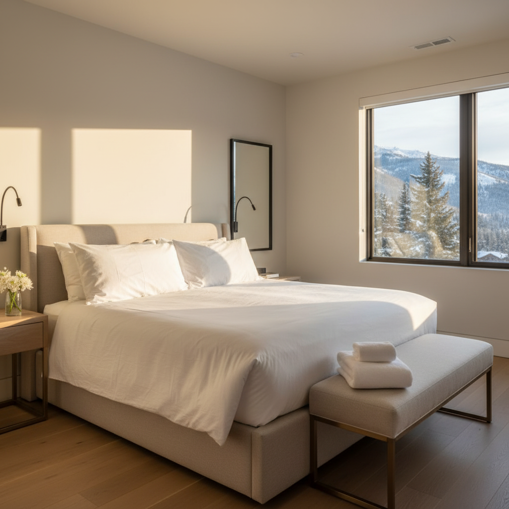 Pristine luxury vacation rental bedroom, perfectly made bed with white linens and plush pillows, spotlessly clean modern interior, natural sunlight streaming through windows, fresh towels folded neatly, contemporary furniture, hotel-quality cleanliness standards, professional hospitality photography, serene and inviting atmosphere