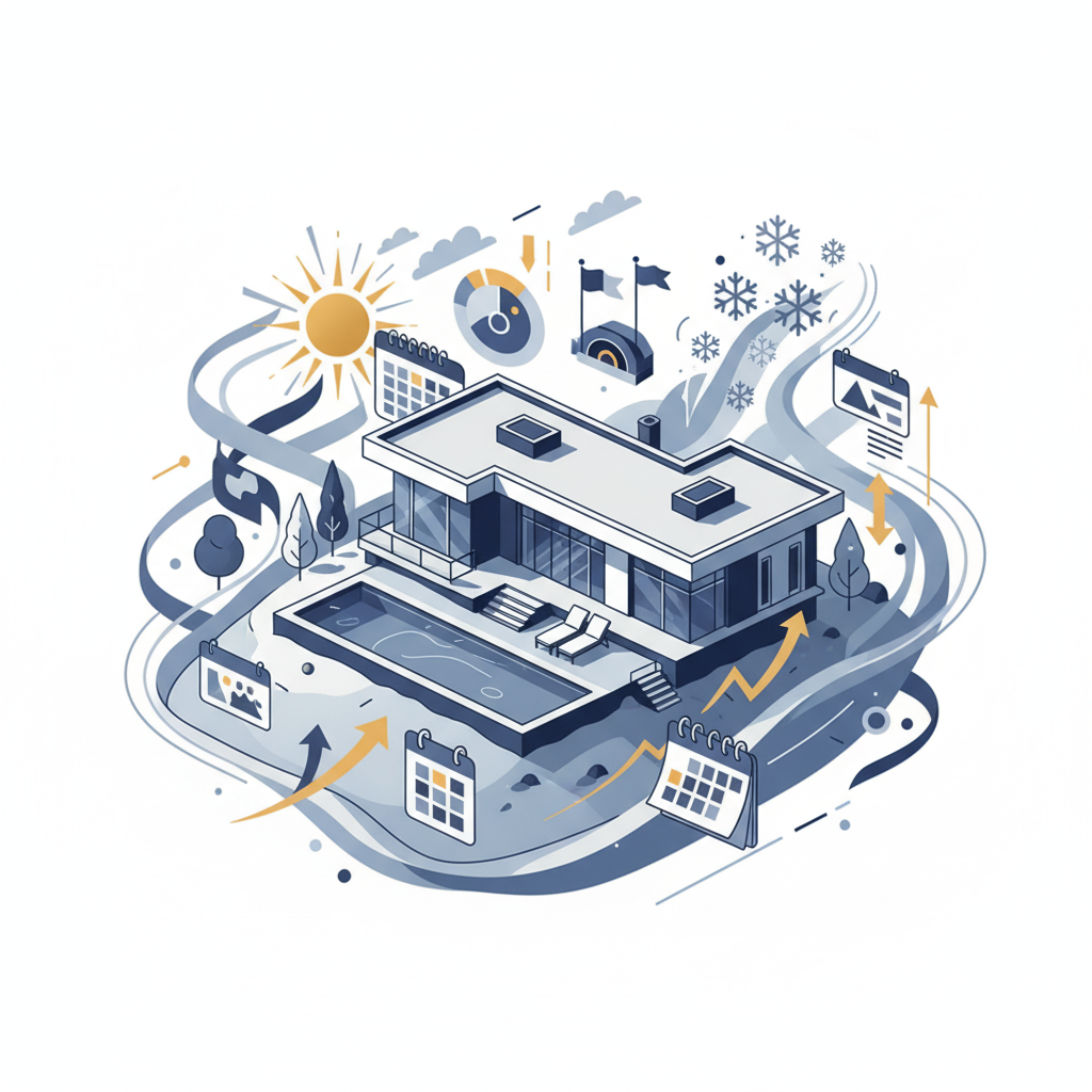 A modern, clean illustration showing a luxury vacation rental property with visual elements representing dynamic pricing factors: summer sun and winter snow icons around the property indicating seasonality, calendar pages showing different dates, small event icons like festival flags and concert stages in the background, and subtle upward and downward arrows suggesting price fluctuations. The scene should have a premium, sophisticated aesthetic with a color palette of blues, golds, and whites. Aerial perspective of a beautiful contemporary vacation home with a pool, surrounded by abstract data visualization elements that represent demand and pricing trends.