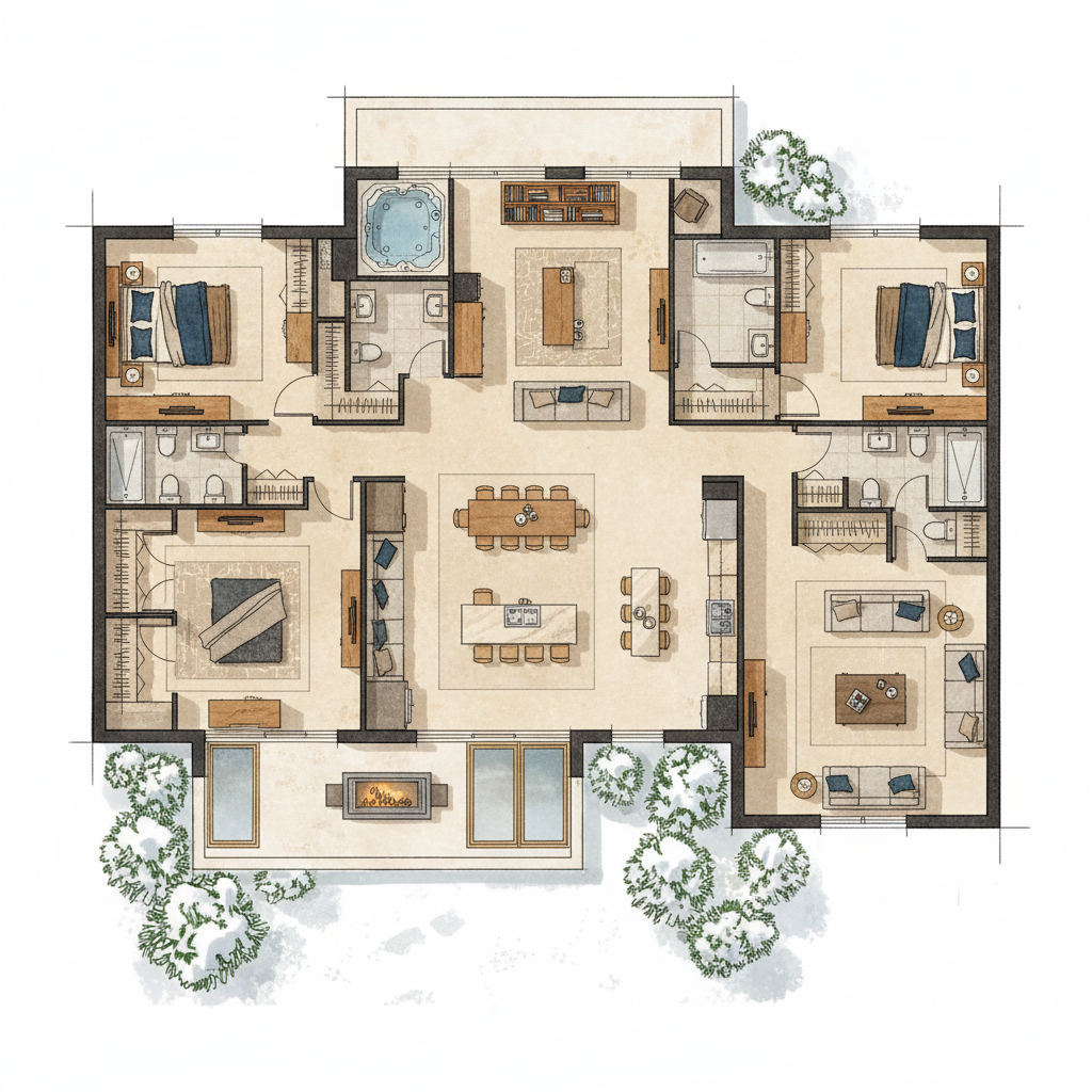 A luxurious vacation rental property floor plan illustration showing multiple bedroom suites with ensuite bathrooms, spacious common areas, and a ground-floor accessible primary suite. Modern architectural visualization style with warm, inviting colors. Show an open layout with distinct zones for different generations - master suites, family bedrooms, and shared living spaces. Premium vacation home interior design aesthetic with natural light and elegant furnishings visible through the layout.